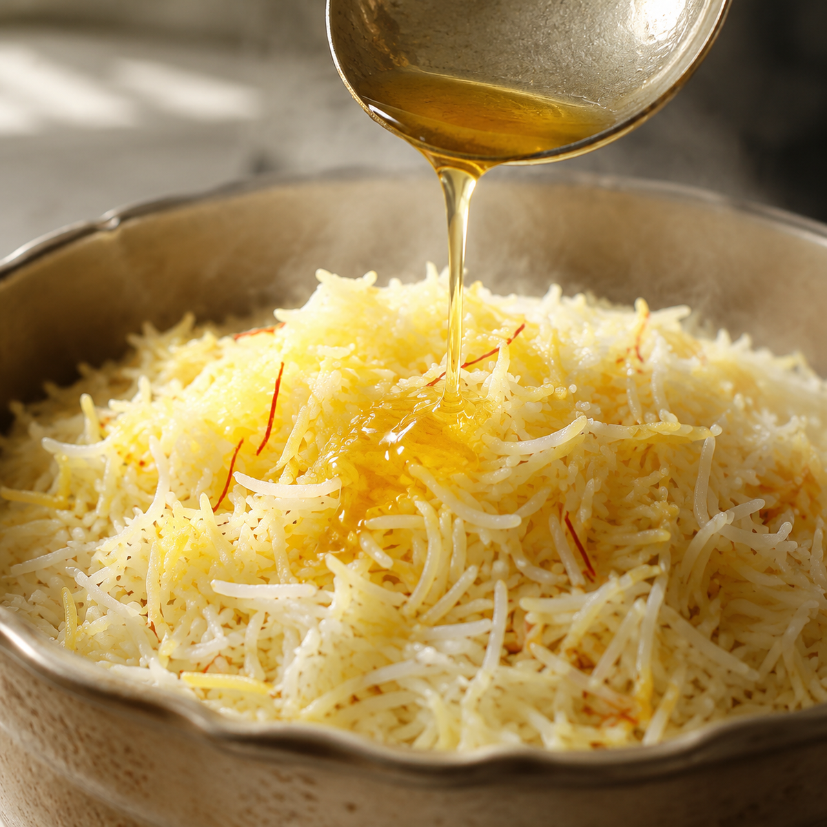 Melted ghee poured from a spoon over a dish of saffron rice