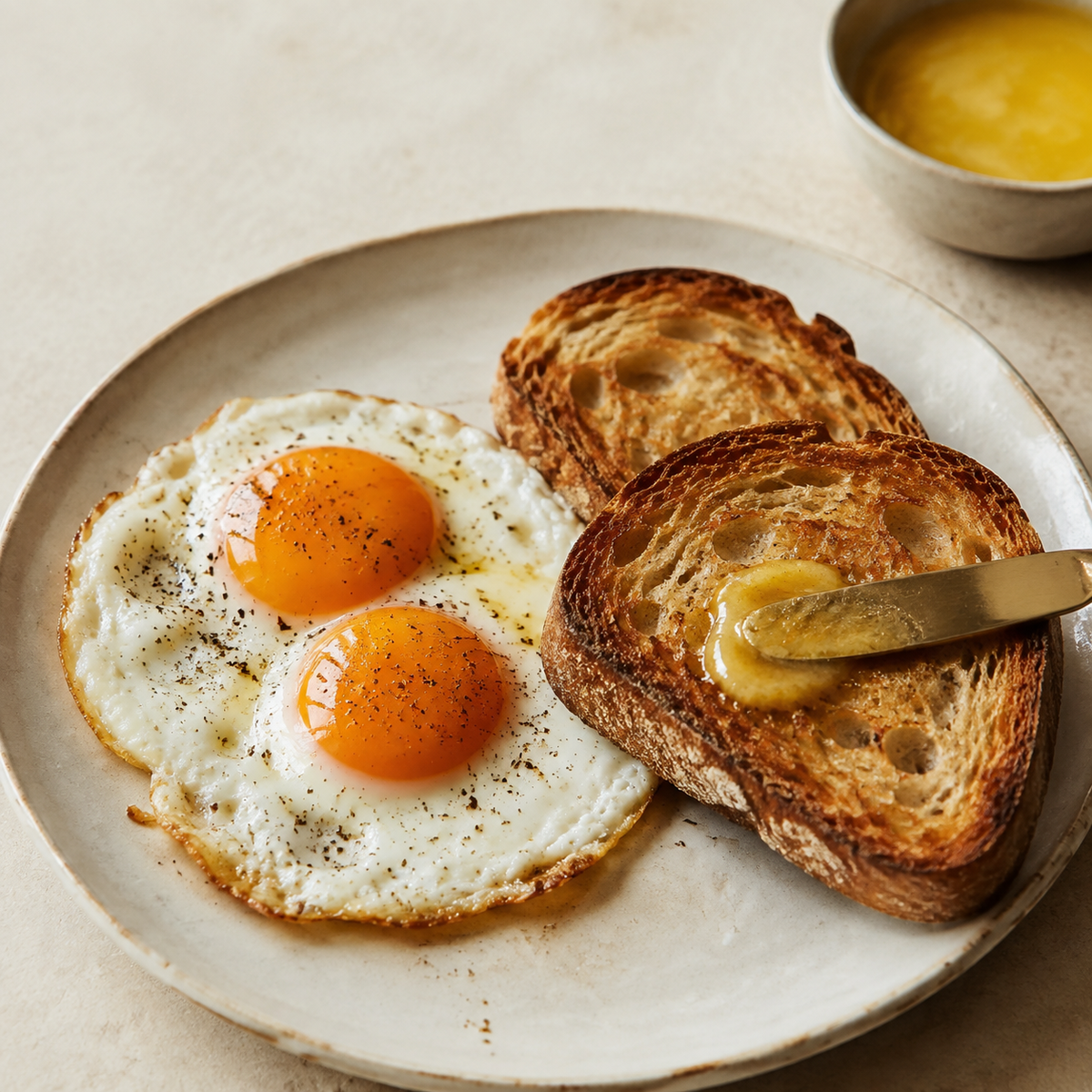Fried eggs and toast spread with West Country ghee, a bowl of ghee beside them