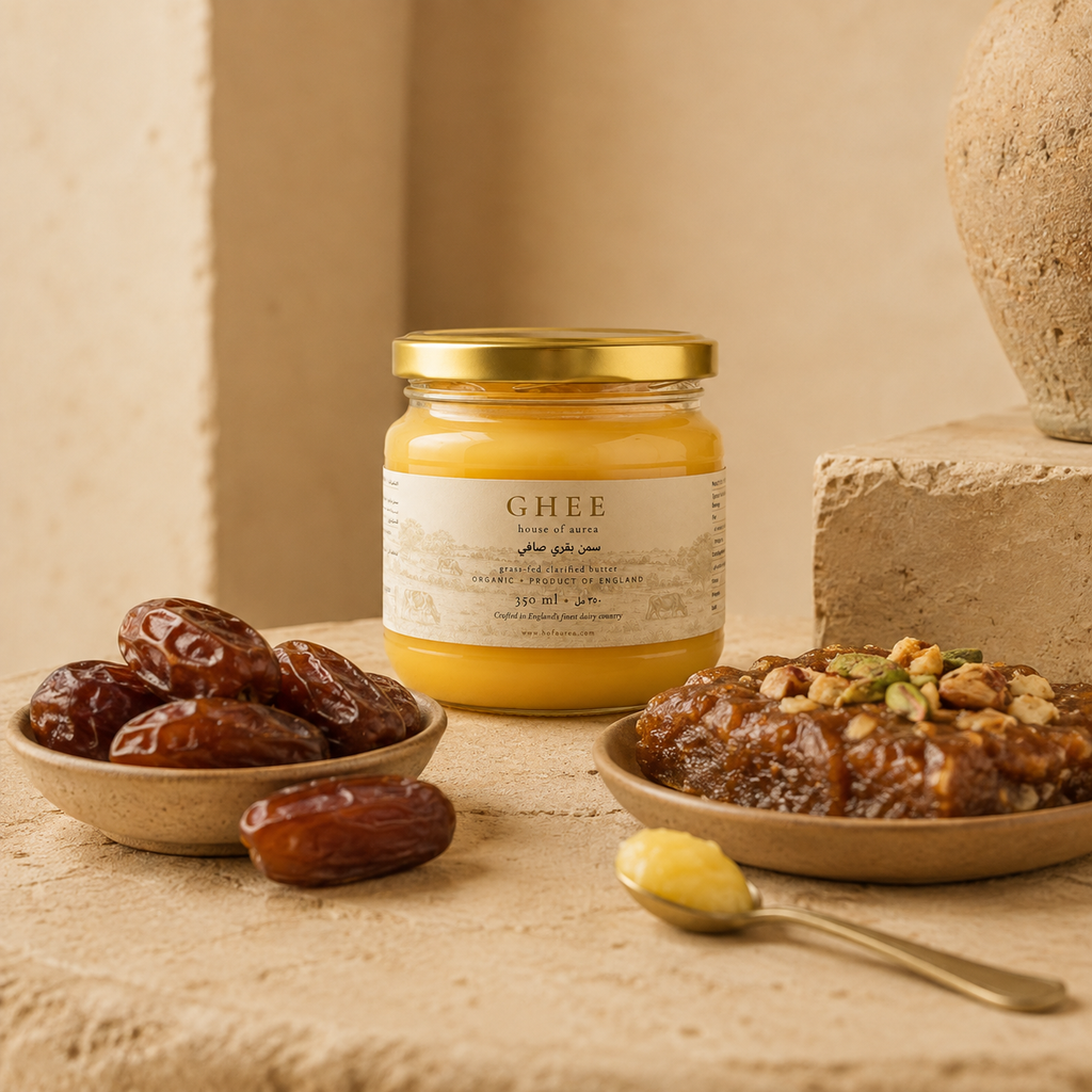 Jar of House of Aurea ghee with dates and a nut-topped sweet, a spoonful of ghee alongside