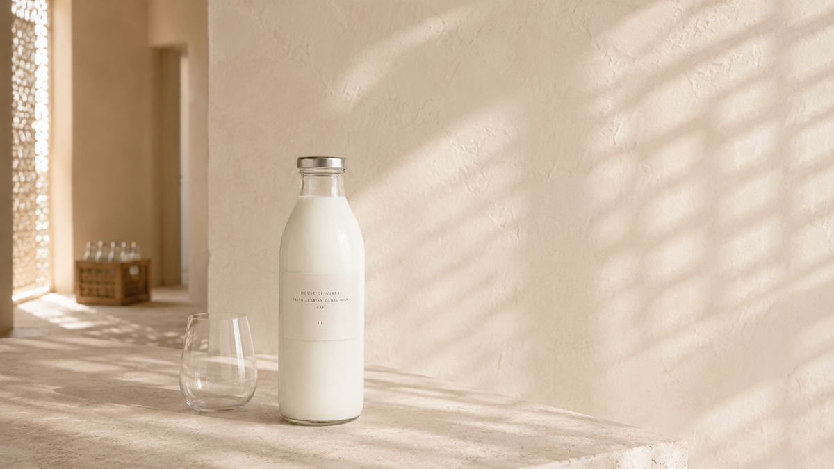 Bottles of House of Aurea fresh Arabian camel milk