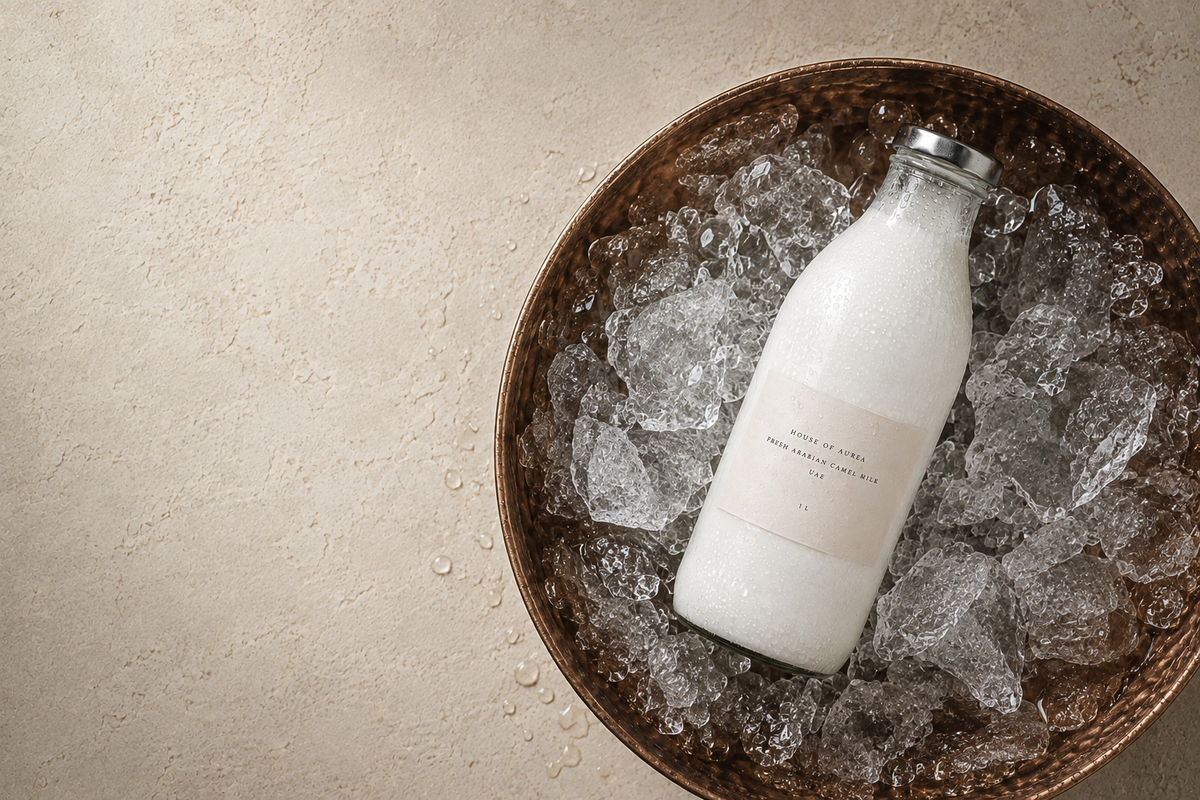 A bottle of Aurea camel milk chilling in a refrigerator